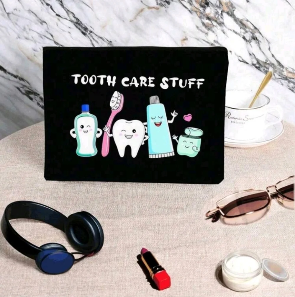 Black Tooth Care Stuff Canvas Zipper Purse Pouch Bag with Fun Teeth Graphics